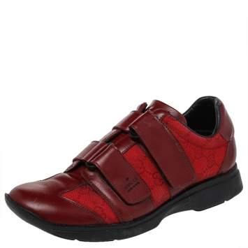 Pre Owned Gucci Red Leather And GG Canvas Velcro Low Top Sneakers Size 37.5