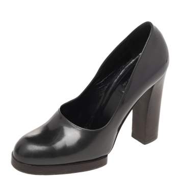 Pre Owned Gucci Grey Leather Block Heel Pumps Size 38