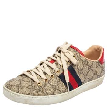 Pre Owned Gucci Brown/Beige GG Supreme Canvas Ace Lace Up Sneakers Size 39