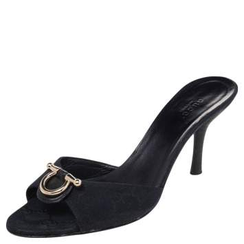 Pre Owned Gucci Black GG Canvas Slide Sandals Size 37