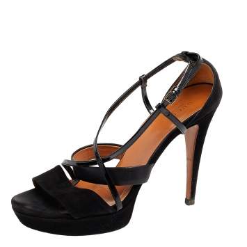 Pre Owned Gucci Black Suede And Patent Leather Platform Ankle Strap Sandals Size 39.5