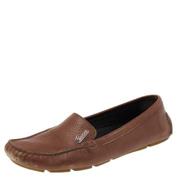 Pre Owned Gucci Brown Leather Slip On Loafers Size 37.5