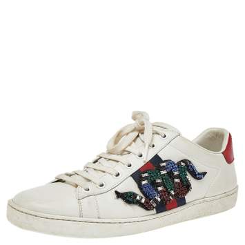Pre Owned Gucci White Leather And Canvas Ace Embroidered Sneakers Size 39.5
