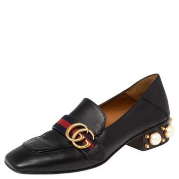 Pre Owned Gucci Black Leather GG Marmont Pearl Collapsible Mid Heel Loafers Size 37.5