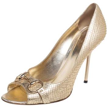 Pre Owned Gucci Gold Python Leather Horsebit Peep Toe Pumps Size 41