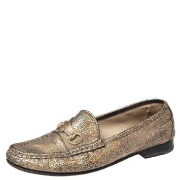 Pre Owned Gucci Iridescent Leather Horsebit Loafers Size 38