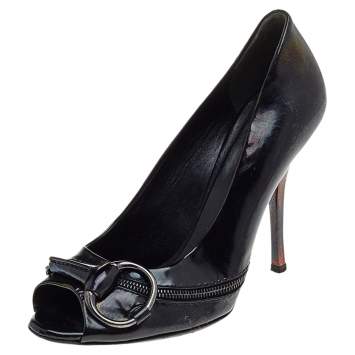 Pre Owned Gucci Black Patent Leather Horsebit Peep Toe Pumps Size 38