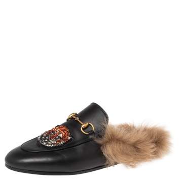 Pre Owned  Gucci Black Leather And Fur Tiger Princetown Horsebit Mules Size 37