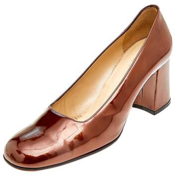 Pre Owned Gucci Brown Patent Leather Block Heel Pumps Size 39