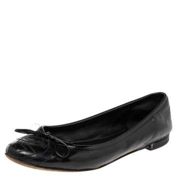 Pre Owned Gucci Black Patent Leather GG Interlocking Bow Ballet Flats Size 36.5