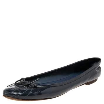 Pre Owned Gucci Navy Blue Patent Leather  Ballet Flats Size 36.5