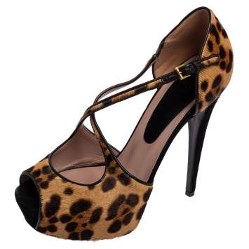 Pre Owned Gucci Black/Brown Leopard Print Pony Hair Platform Peep Toe Sandals Size 39