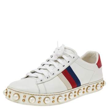 Pre Owned Gucci White Leather And Canvas New Ace Pearl Embellished Low Top Sneakers Size 37.5