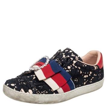 Pre Owned Gucci Black Lace Ace Web Crystal Embellished Slip On Sneakers Size 34.5