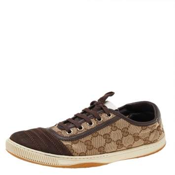 Pre Owned Gucci Brown/Beige GG Canvas And Suede Low Top Sneakers Size 38.5