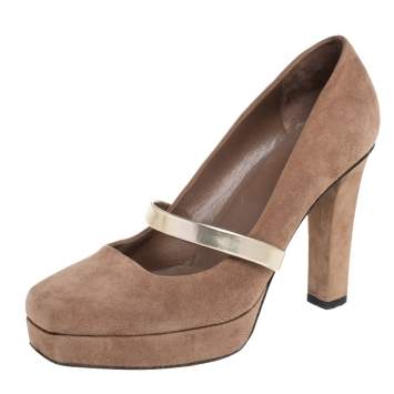 Pre Owned Gucci Dark Beige Suede Mary Jane Platform Pumps Size 38