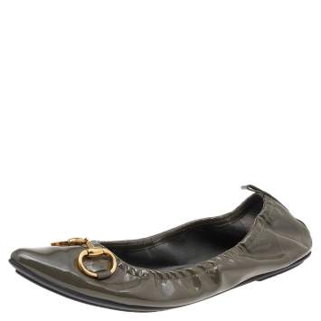 Pre Owned Gucci Grey Patent Leather Horsebit Pointed Toe Scrunch Ballet Flats Size 41