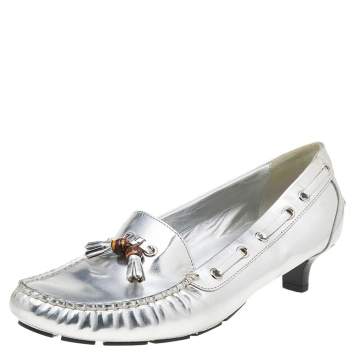 Pre Owned Gucci Silver Leather Bamboo Tassel Loafer Pumps Size 40