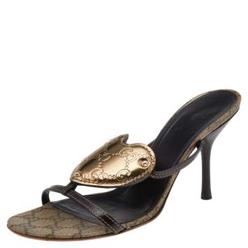 Pre Owned Gucci Brown/Gold GG Leather Crest Slide Sandals Size 39