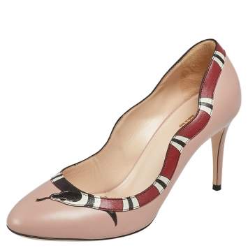 Pre Owned Gucci Beige/Red Leather Yoko Snake  Pumps Size 37