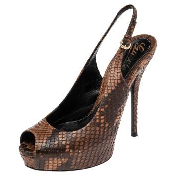 Pre Owned Gucci Brown Python Leather Sofia Platform Peep Toe Slingback Sandals Size 37.5
