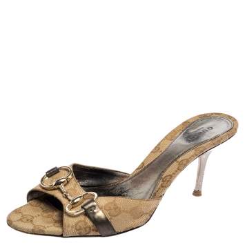 Pre Owned Gucci Beige GG Canvas Horsebit Slide Sandals Size 38.5
