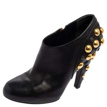 Pre Owned Gucci Black Leather Babouska Stud Embellished Ankle Booties Size 38