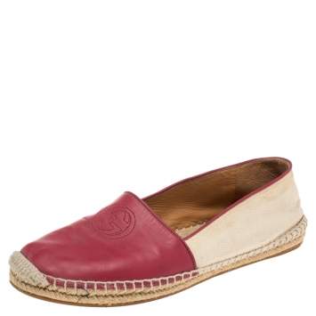 Pre Owned Gucci Red/Beige Canvas And Leather Espadrilles Flats Size 37.5