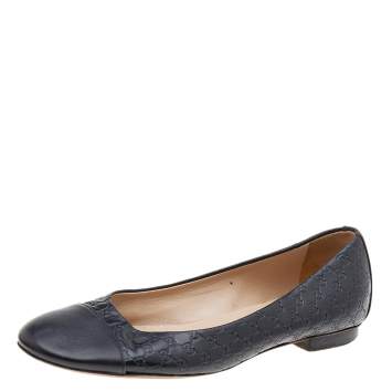 Pre Owned Gucci Black Microguccissima Leather Cap Toe Ballet Flats Size 37.5