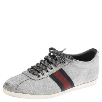 Pre Owned Gucci Metallic Silver Glitter Coated Fabric Bambi Web Detail Studded Low Top Sneakers Size 41