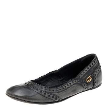 Pre Owned Gucci Black/Grey Brogue Leather Ballet Flats Size 35.5