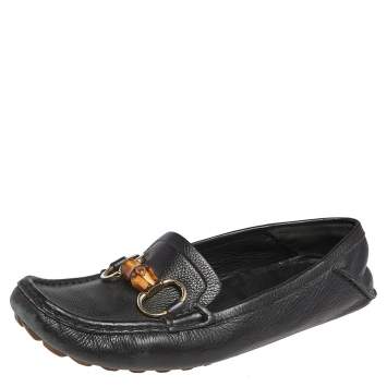 Pre Owned Gucci Black Leather Bamboo Horsebit  Driving Loafers Size 38