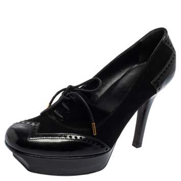 Pre Owned Gucci Black Suede And Patent Leather Platform Lace Up Booties Size 37