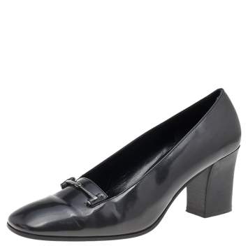 Pre Owned Gucci Black Leather Horsebit Block Heel Square Toe Pumps Size 39