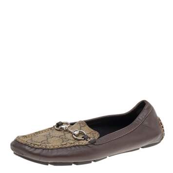 Gucci Beige/Brown GG Supreme Canvas And Leather Horsebit Slip On Loafers Size 39.5
