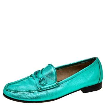 Pre Owned Gucci Metallic Green Leather Horsebit Slip On Loafers Size 38