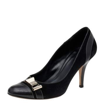 Pre Owned Gucci Black Suede and Leather Bow Cap Toe Pumps Size 36C