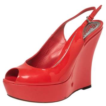 Pre Owned Gucci Coral Red Patent Leather Peep-Toe Slingback Wedge Sandals Size 37.5