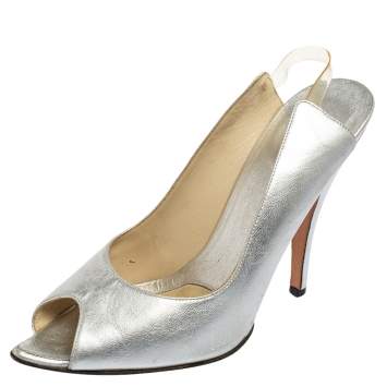 Pre Owned Gucci Silver Leather Open Toe Sandals Size 38.5
