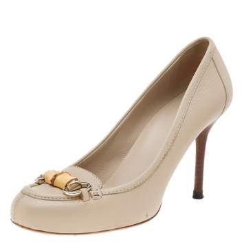 Pre Owned Gucci Grey Leather Bamboo Horsebit Loafer Pumps Size 38.5