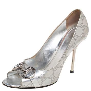 Pre Owned Gucci Silver Leather Horsebit Peep-Toe Pumps Size 39 