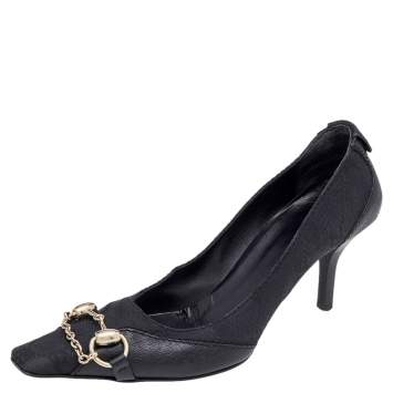 Pre Owned Gucci Black GG Canvas And Leather Horsebit Pumps Size 37.5