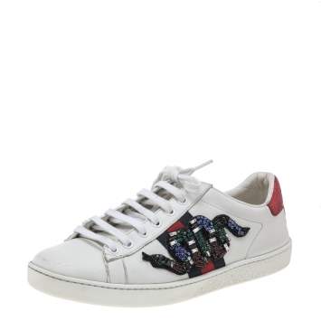 Pre Owned Gucci White Leather Ace Snake Embellished Low Top Sneakers Size 37.5