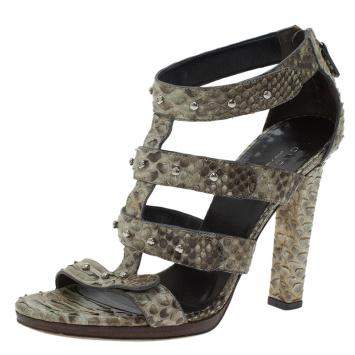 Pre Owned Gucci Two Tone Studded Python Sigourney Cage Sandals Size 37