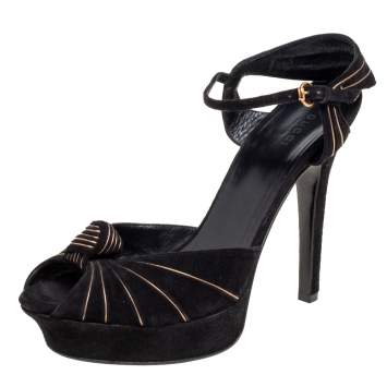 Pre Owned Gucci Black/Gold Suede Kelly Knot Ankle-Strap Platform Sandals Size 40
