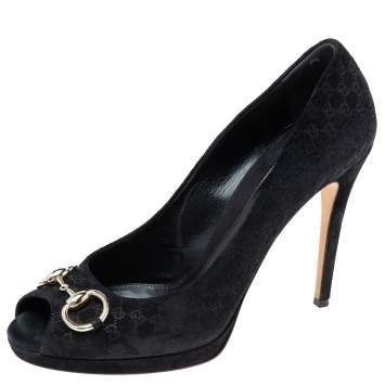 Pre Owned Gucci Black Microguccissima Suede Horsebit Peep-Toe Pumps Size 40.5