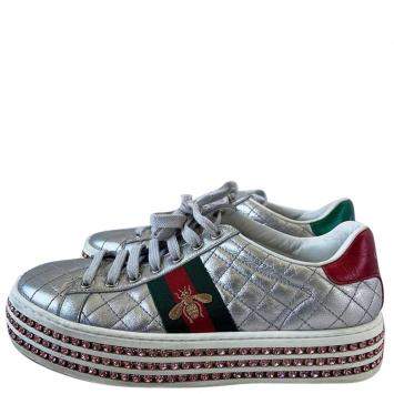 Pre Owned Gucci Silver Leather Bee Web  Ace Crystal Embellished Platform Sneakers EU 37