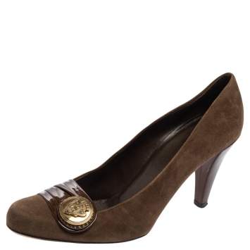 Pre Owned Gucci Brown Suede And Pleated Patent Leather Logo Buckle Pumps Size 38.5