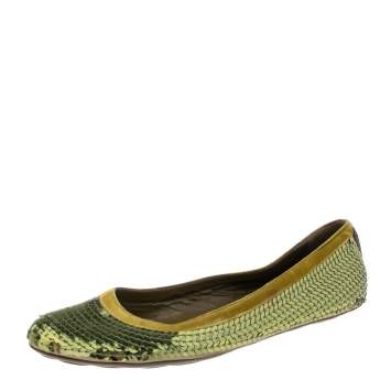 Pre Owned Gucci Green Sequin Ballet Flats Size 38.5