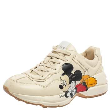 Pre Owned Gucci Beige Leather Disney Mickey Mouse Print Rhyton Sneakers Size 38